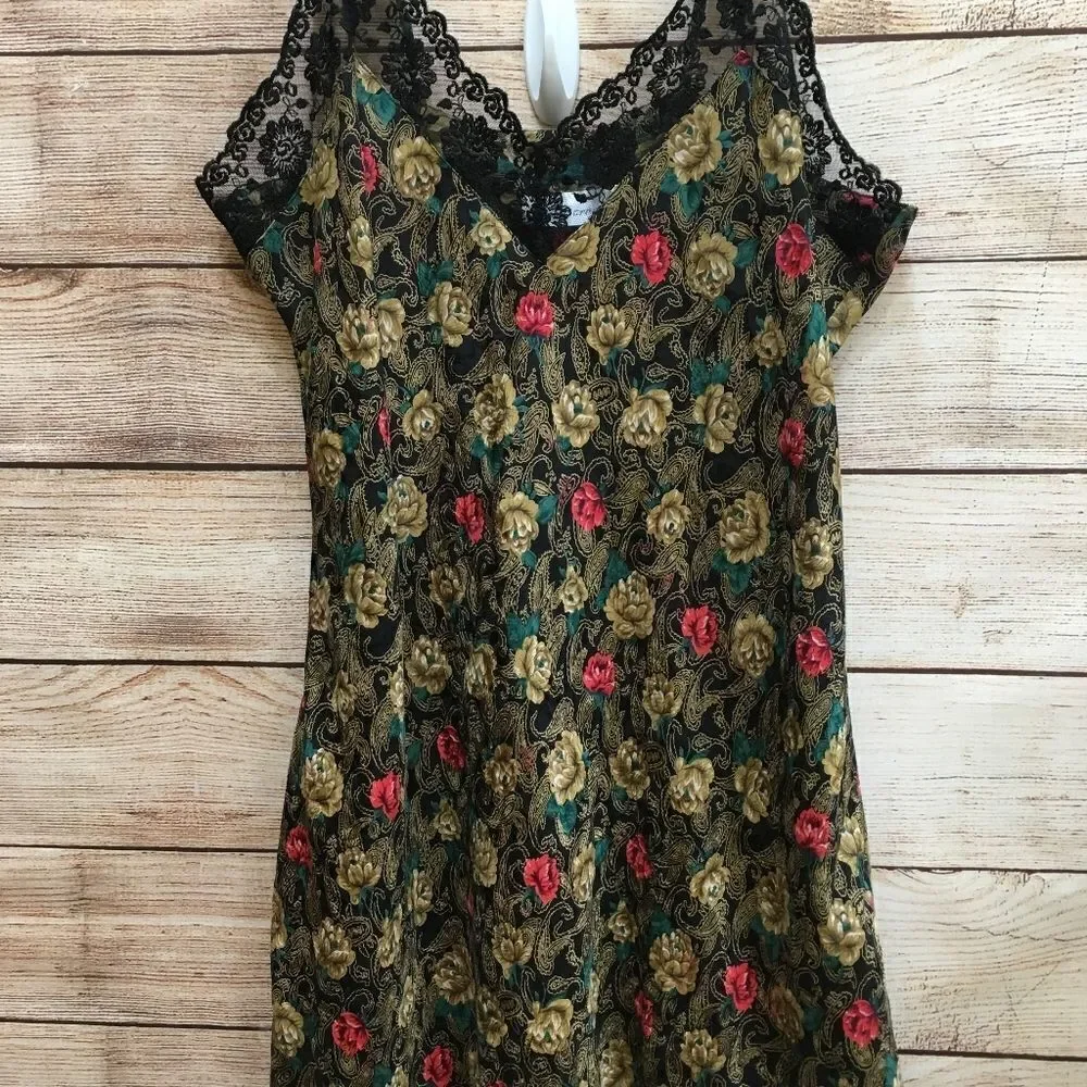 VINTAGE SILKSCREEN 100% SILK CHEMISE WITH PANTIES IN BLACK FLORAL‎ - Picture 4 of 11